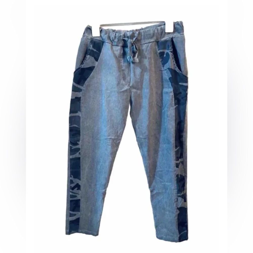 BW Pull On  Pants Mede In Italy Camouflage Stretch Lagenlook Blue Women’s 12